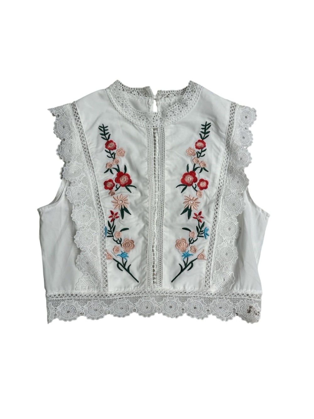 Embroidered White Lace-Trim Sleeveless Tank Top